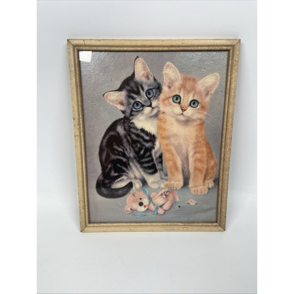 Vintage 1960s Litho CATS By Girard 2 Kittens and a Pink Teddy Original Frame